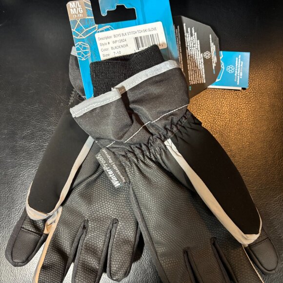 WinterProof Boys Black Stitch Refelctive Ski Glove - Touch - L (7-10) NWT - Picture 2 of 3